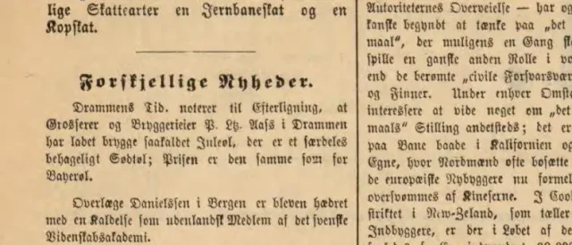Notis om Aass juleøl fra 1877