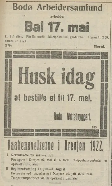 Annonse fra Bodø Aktiebryggeri med tekst: «Husk idag at bestille øl til 17. mai»