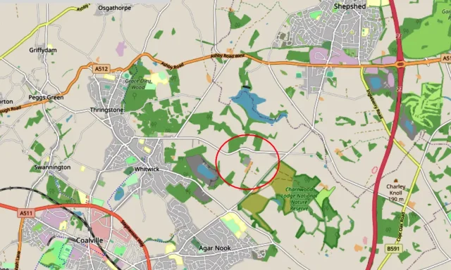 Kart som viser nærområdet til Coalville, med klosteret avmerket