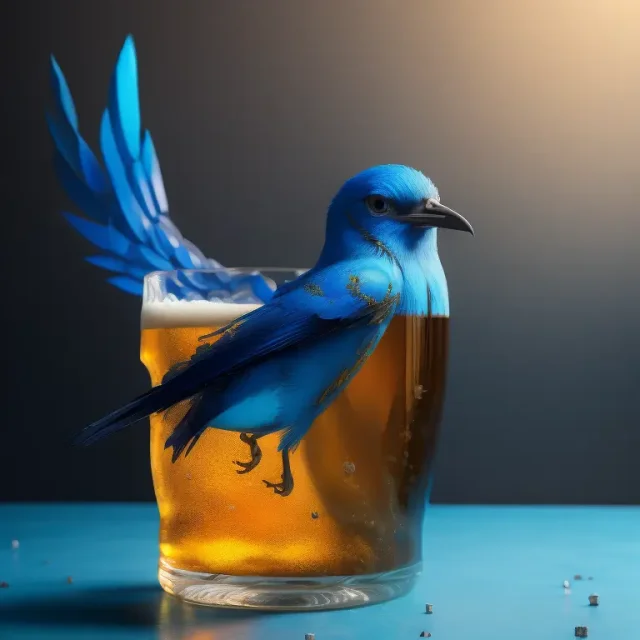 En blå fugl som bader i et ølglass